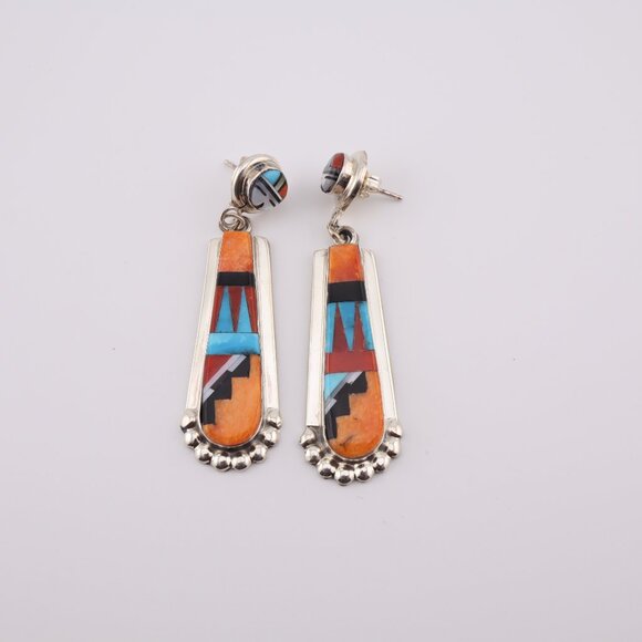 Handcrafted Native American Zuni Sun Face Inlay‎ Spiny Oyster Dangle Earrings ** - Picture 6 of 12